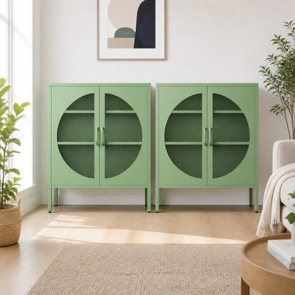 Buffet Sideboard Cabinet Cold Rolled Steel 80cm x 40cm x 102cm Light Green 2-Door Storage Mesh Doors