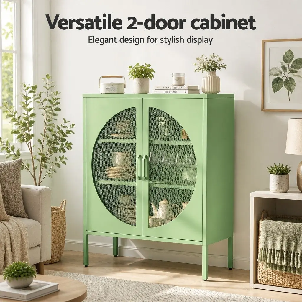 Buffet Sideboard Cabinet Cold Rolled Steel 80cm x 40cm x 102cm Light Green 2-Door Storage Mesh Doors