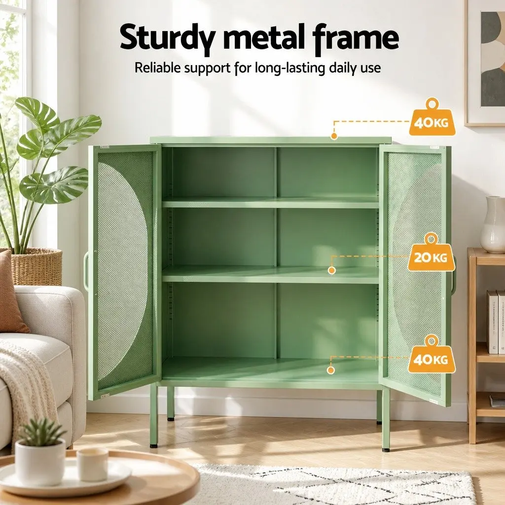 Buffet Sideboard Cabinet Cold Rolled Steel 80cm x 40cm x 102cm Light Green 2-Door Storage Mesh Doors