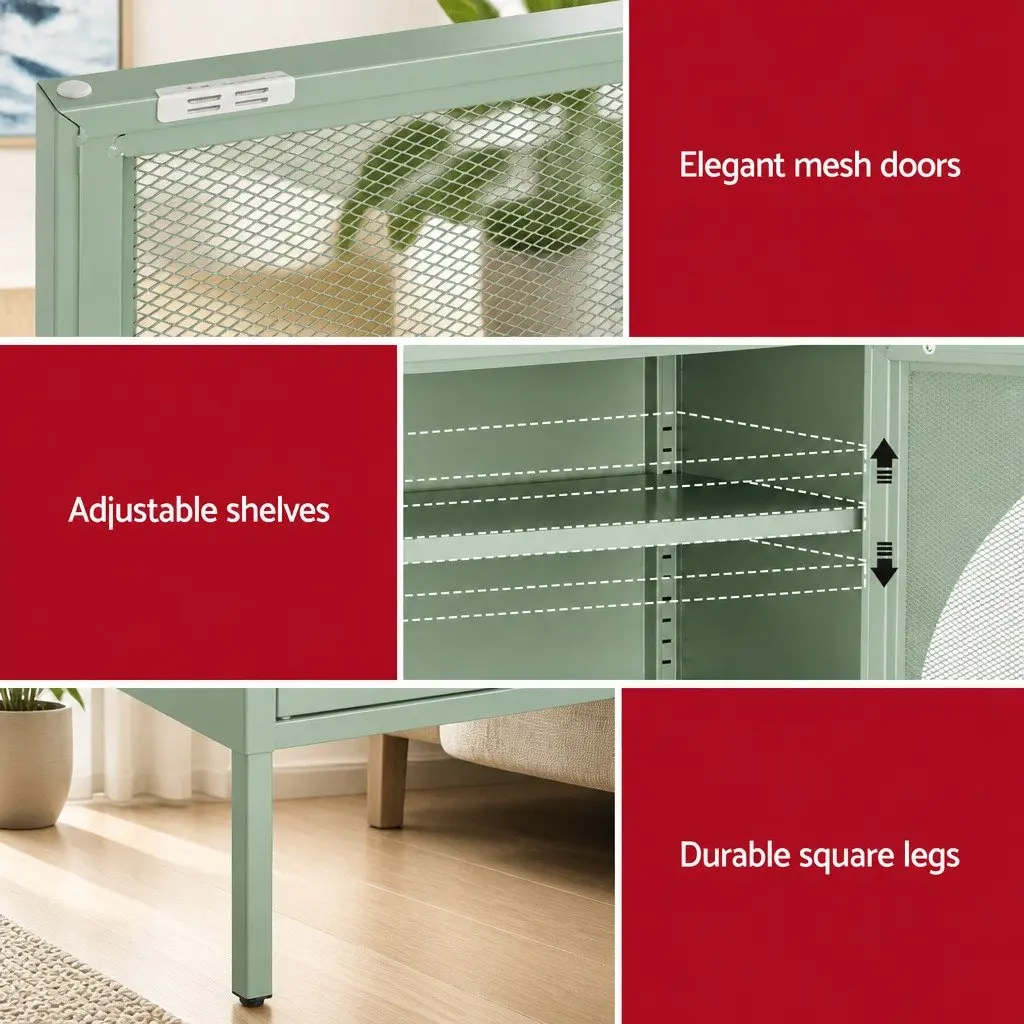 Buffet Sideboard Cabinet Cold Rolled Steel 80cm x 40cm x 102cm Light Green 2-Door Storage Mesh Doors