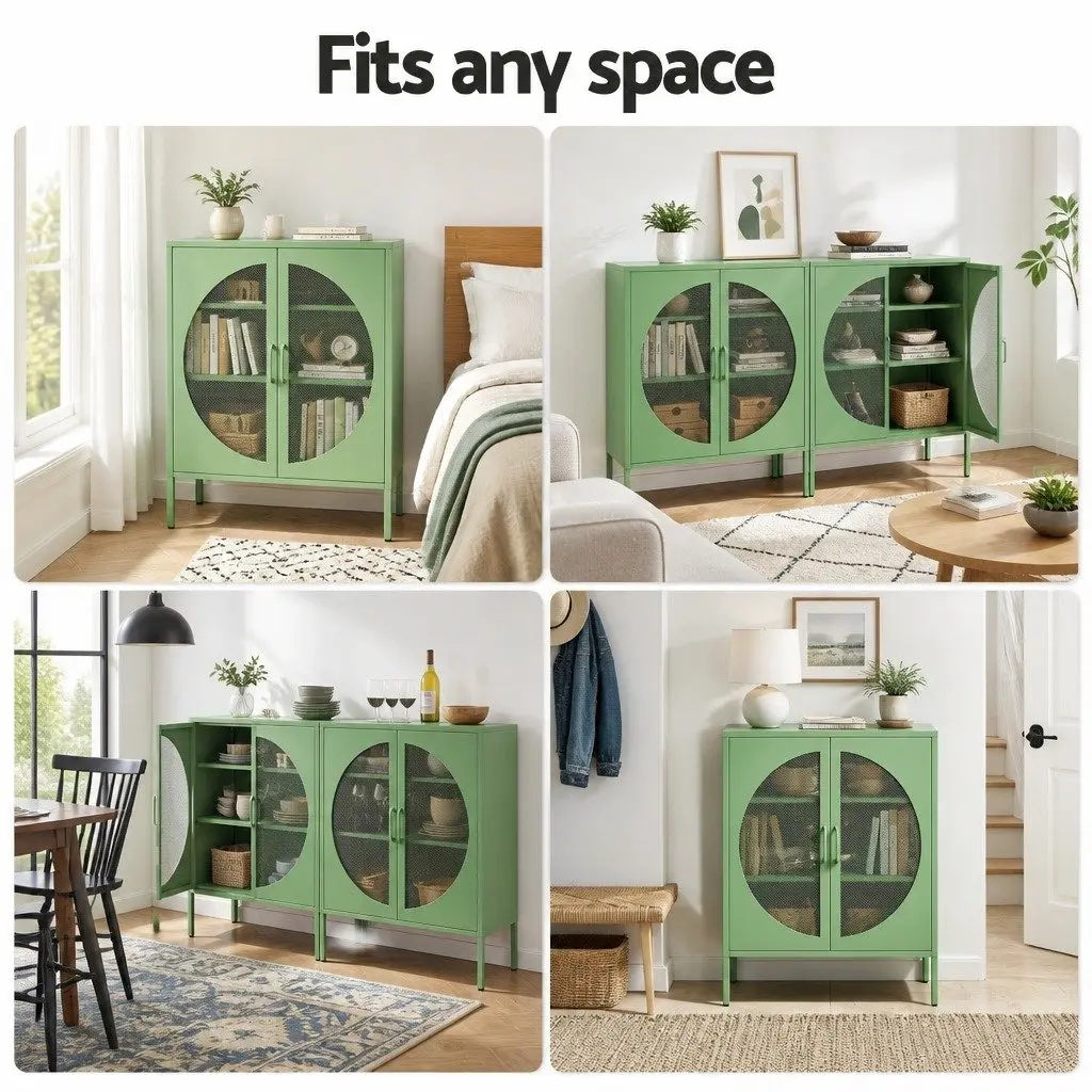 Buffet Sideboard Cabinet Cold Rolled Steel 80cm x 40cm x 102cm Light Green 2-Door Storage Mesh Doors