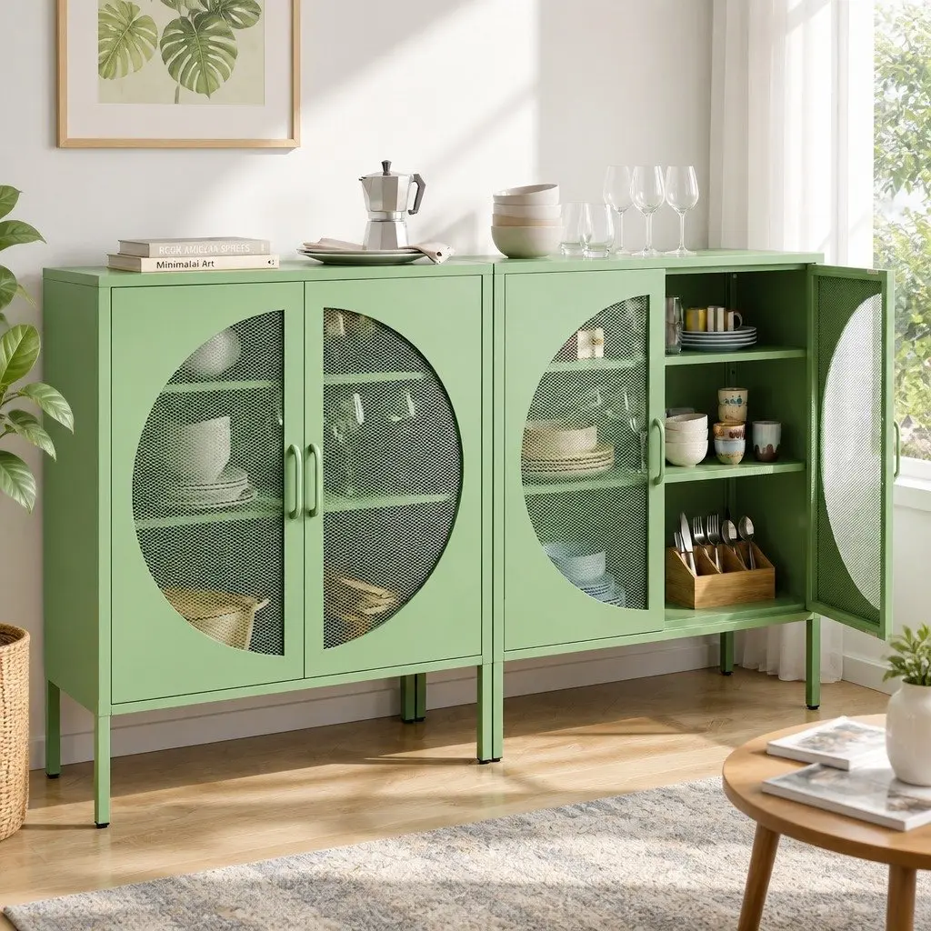 Buffet Sideboard Cabinet Cold Rolled Steel 80cm x 40cm x 102cm Light Green 2-Door Storage Mesh Doors