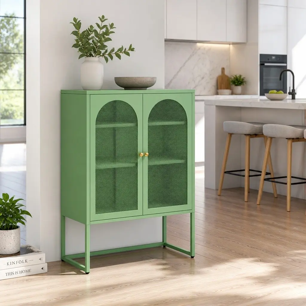 Buffet Sideboard Storage Cabinet 2-Door Light Green Mesh Dining Furniture