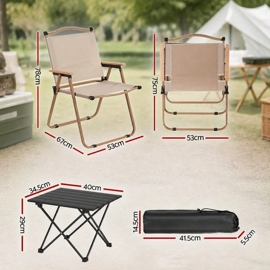 3 Piece Camping Table Chair Set Aluminium Folding Portable Outdoor Furniture Beige Black