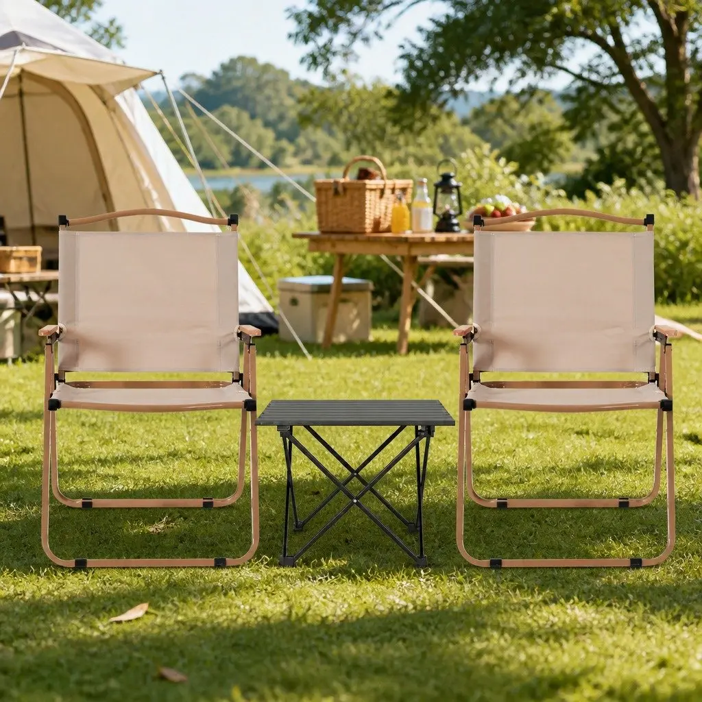 3 Piece Camping Table Chair Set Aluminium Folding Portable Outdoor Furniture Beige Black