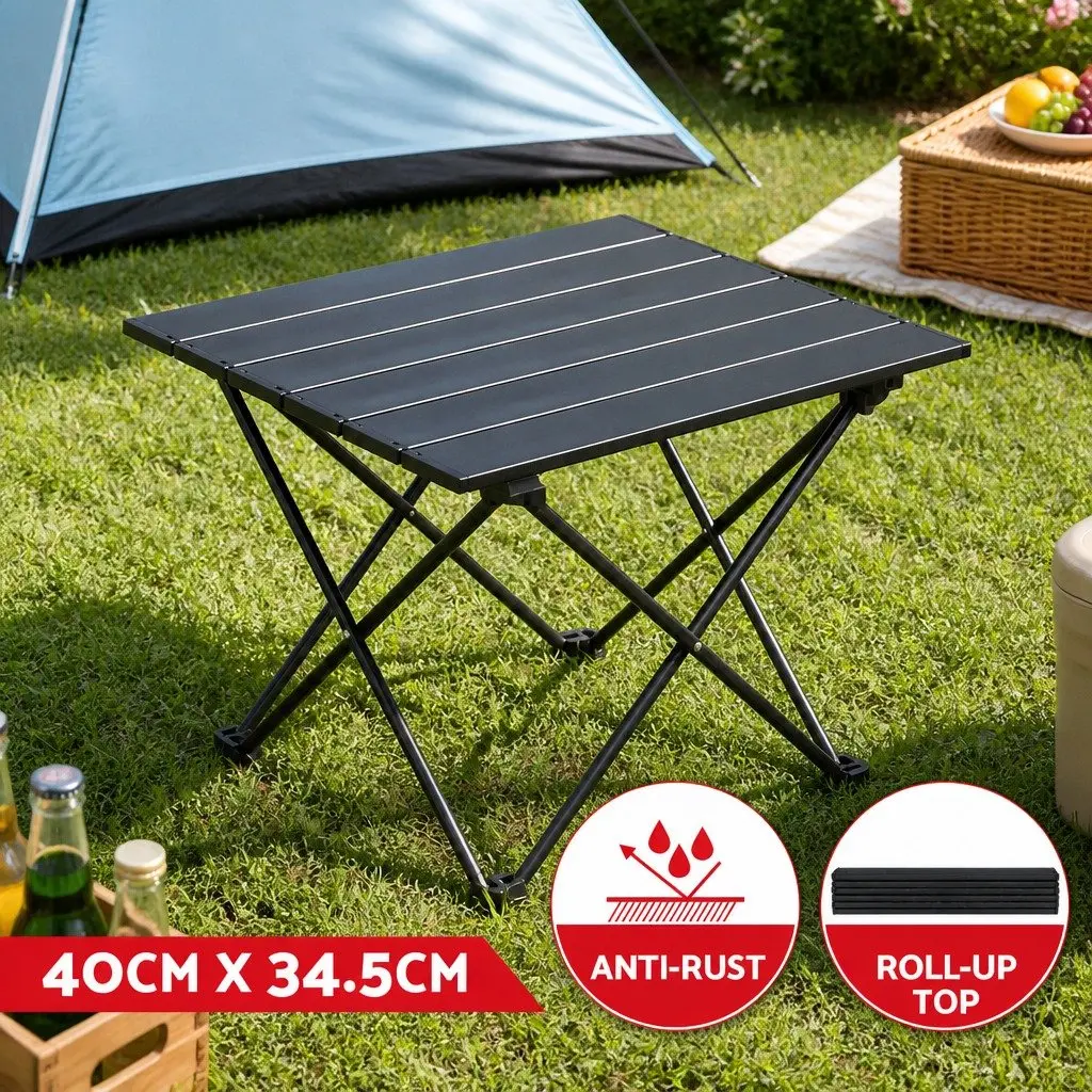 3 Piece Camping Table Chair Set Aluminium Folding Portable Outdoor Furniture Beige Black
