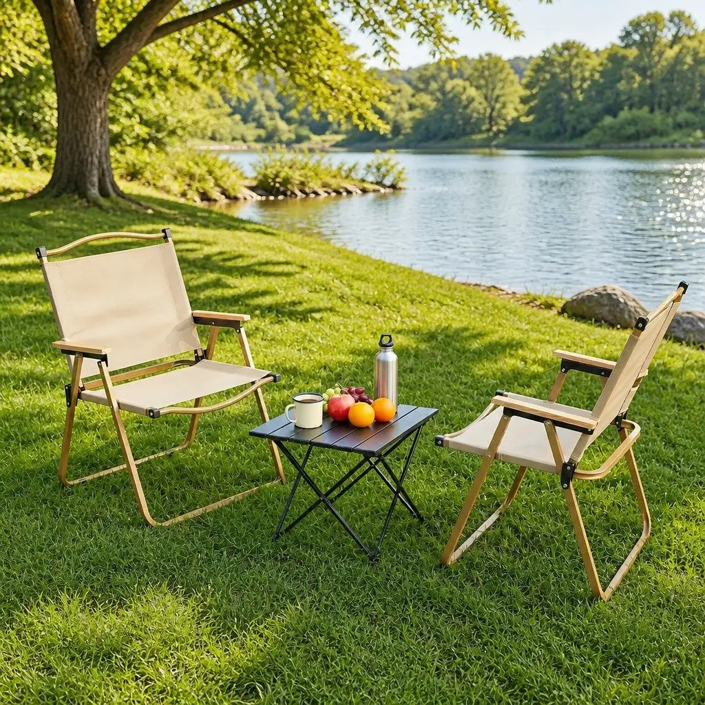 3 Piece Camping Table Chair Set Aluminium Folding Portable Outdoor Furniture Beige Black