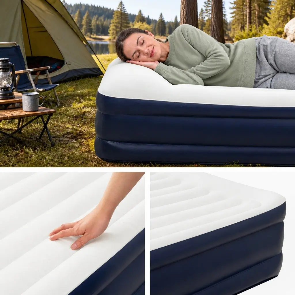 Double Inflatable Air Mattress PVC 46cm Flocked Sleeping Surface White or Blue