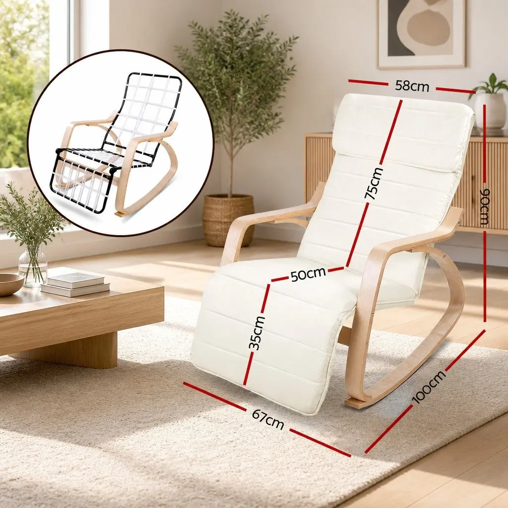 Rocking Armchair Bentwood Beige Adjustable Footrest Cotton Fabric