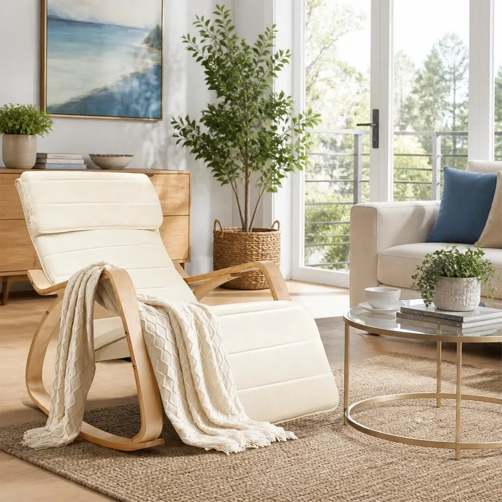 Rocking Armchair Bentwood Beige Adjustable Footrest Cotton Fabric