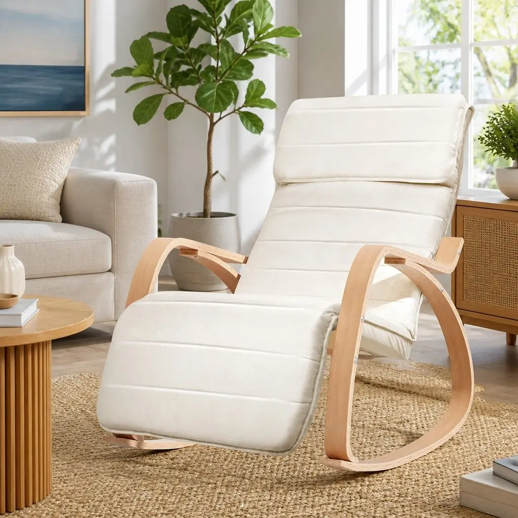 Rocking Armchair Bentwood Beige Adjustable Footrest Cotton Fabric