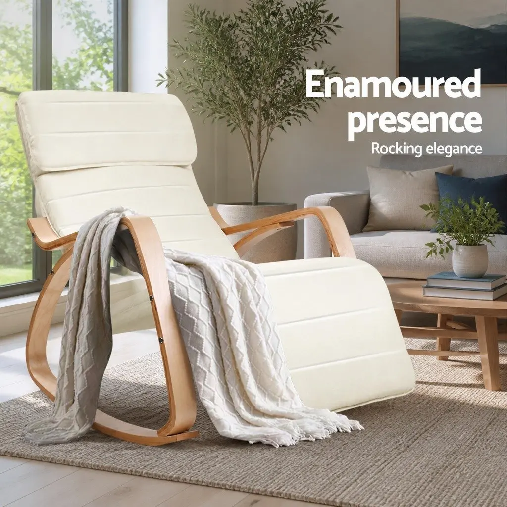 Rocking Armchair Bentwood Beige Adjustable Footrest Cotton Fabric