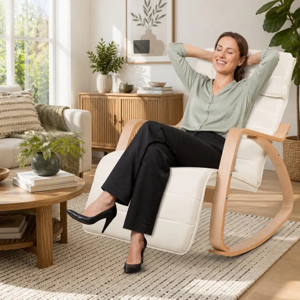 Rocking Armchair Bentwood Beige Adjustable Footrest Cotton Fabric