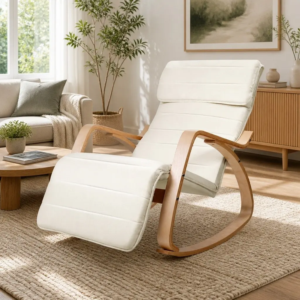 Rocking Armchair Bentwood Beige Adjustable Footrest Cotton Fabric