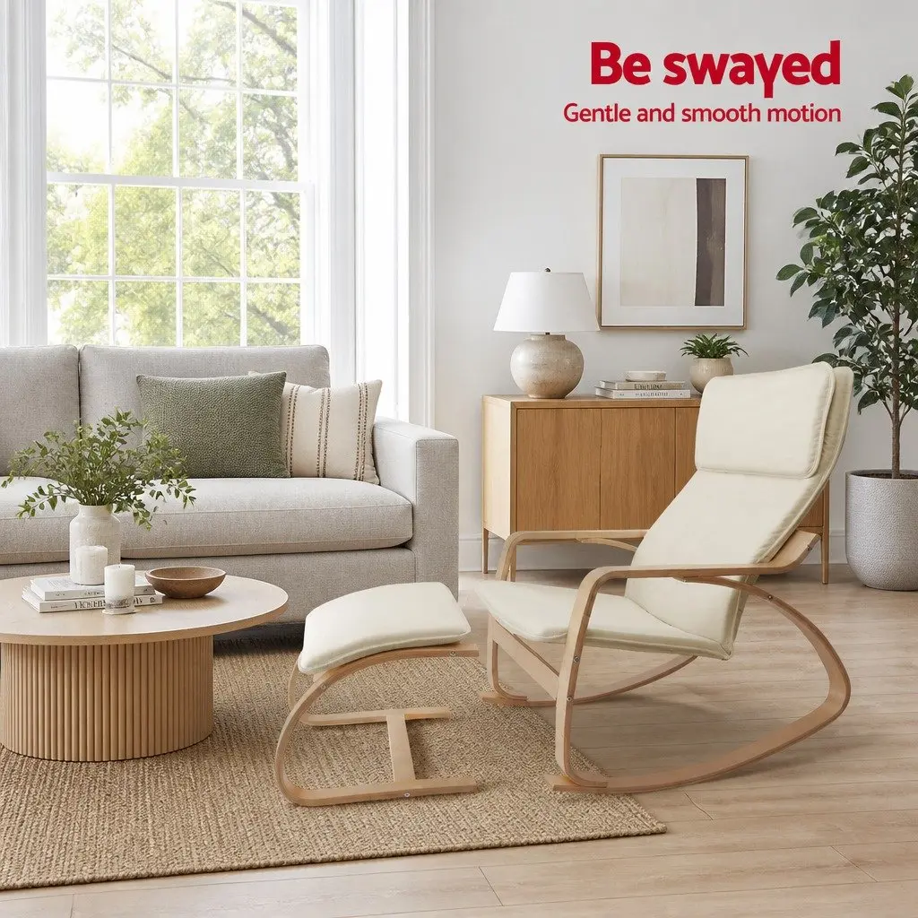 Rocking Armchair with Footstool Bentwood Contemporary Design Beige Lounge Chair