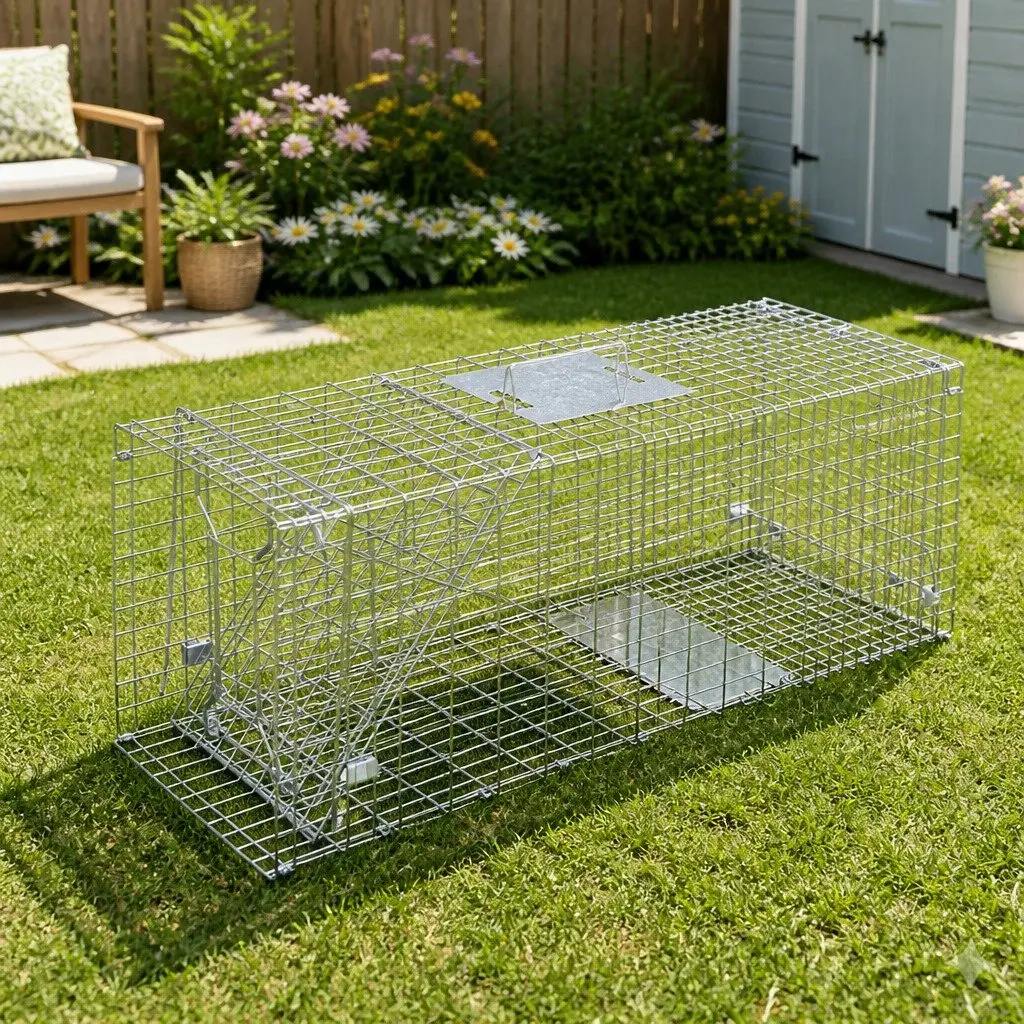 Humane Animal Trap Cage Collapsible Silver 79x28cm with Spring Door for Live Capture