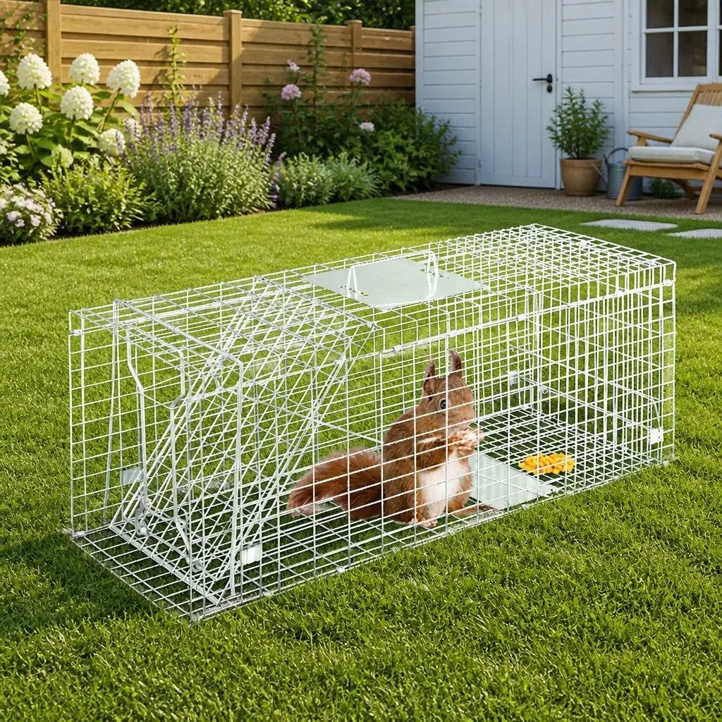 Humane Animal Trap Cage Collapsible Silver 79x28cm with Spring Door for Live Capture