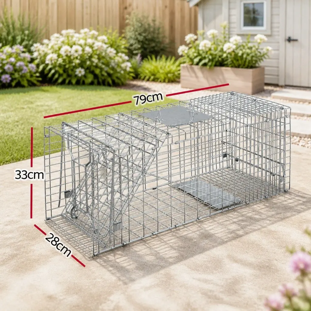 Humane Animal Trap Cage Collapsible Silver 79x28cm with Spring Door for Live Capture