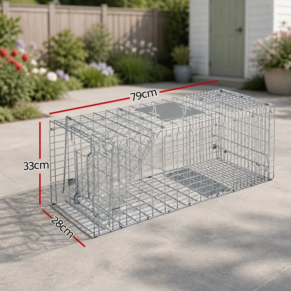 Humane Animal Trap Cage Collapsible Silver 79x28cm with Spring Door for Live Capture