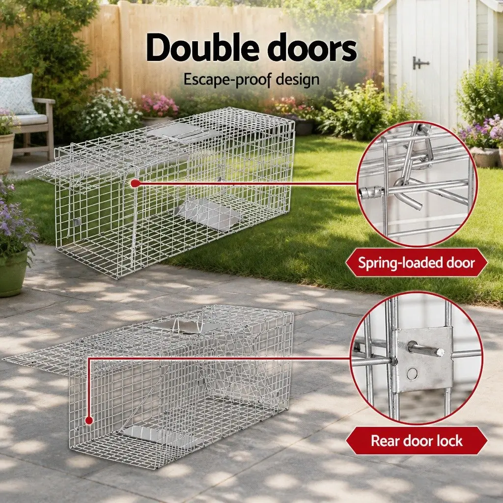Humane Animal Trap Cage Collapsible Silver 79x28cm with Spring Door for Live Capture