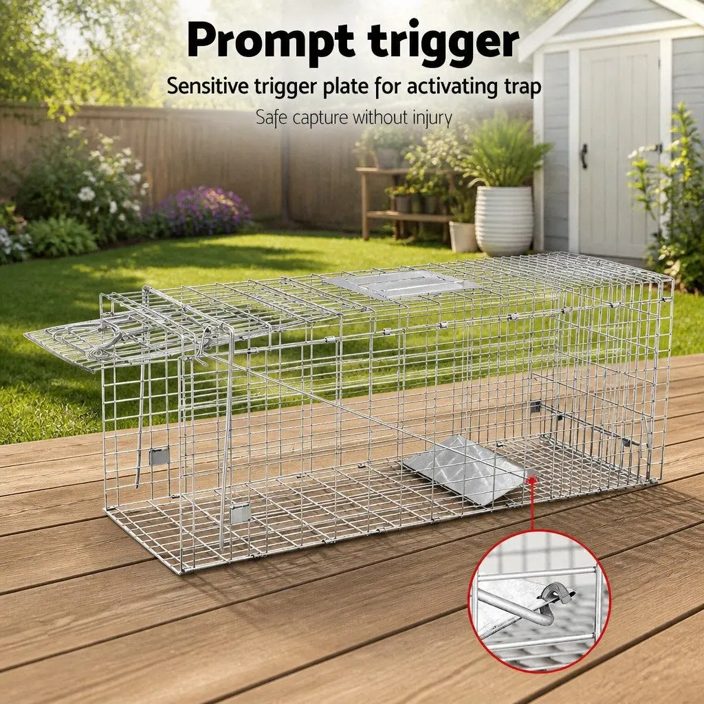Humane Animal Trap Cage Collapsible Silver 79x28cm with Spring Door for Live Capture
