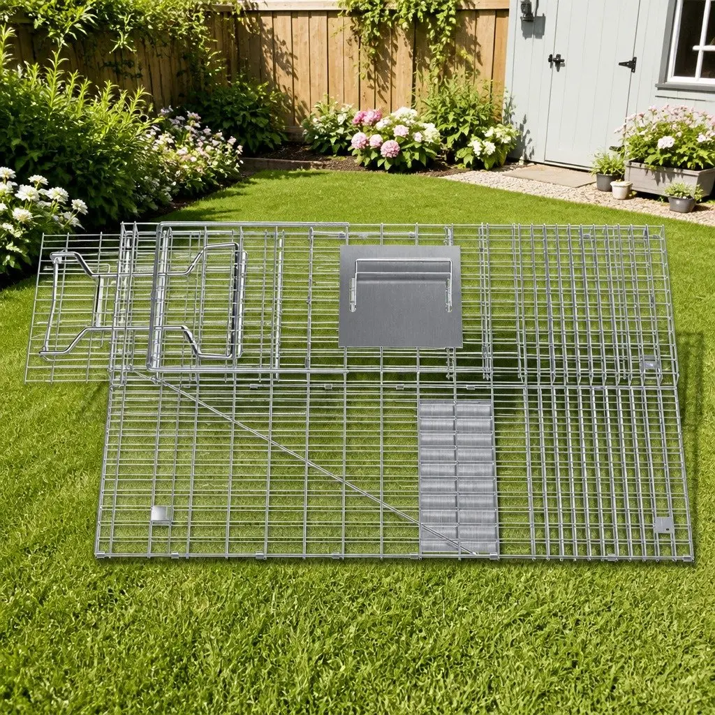 Humane Animal Trap Cage Collapsible Silver 79x28cm with Spring Door for Live Capture