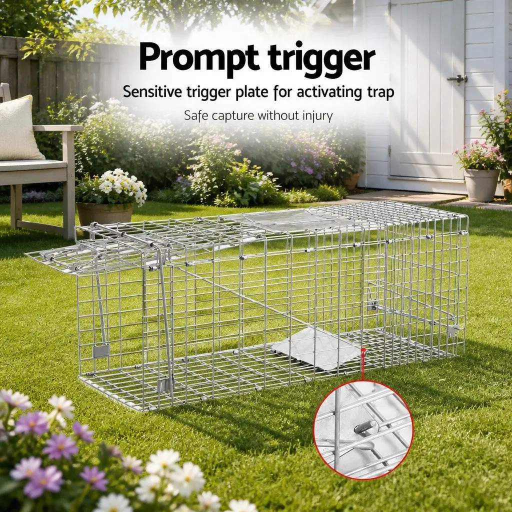 Humane Animal Trap Cage Collapsible Silver 79x28cm with Spring Door for Live Capture
