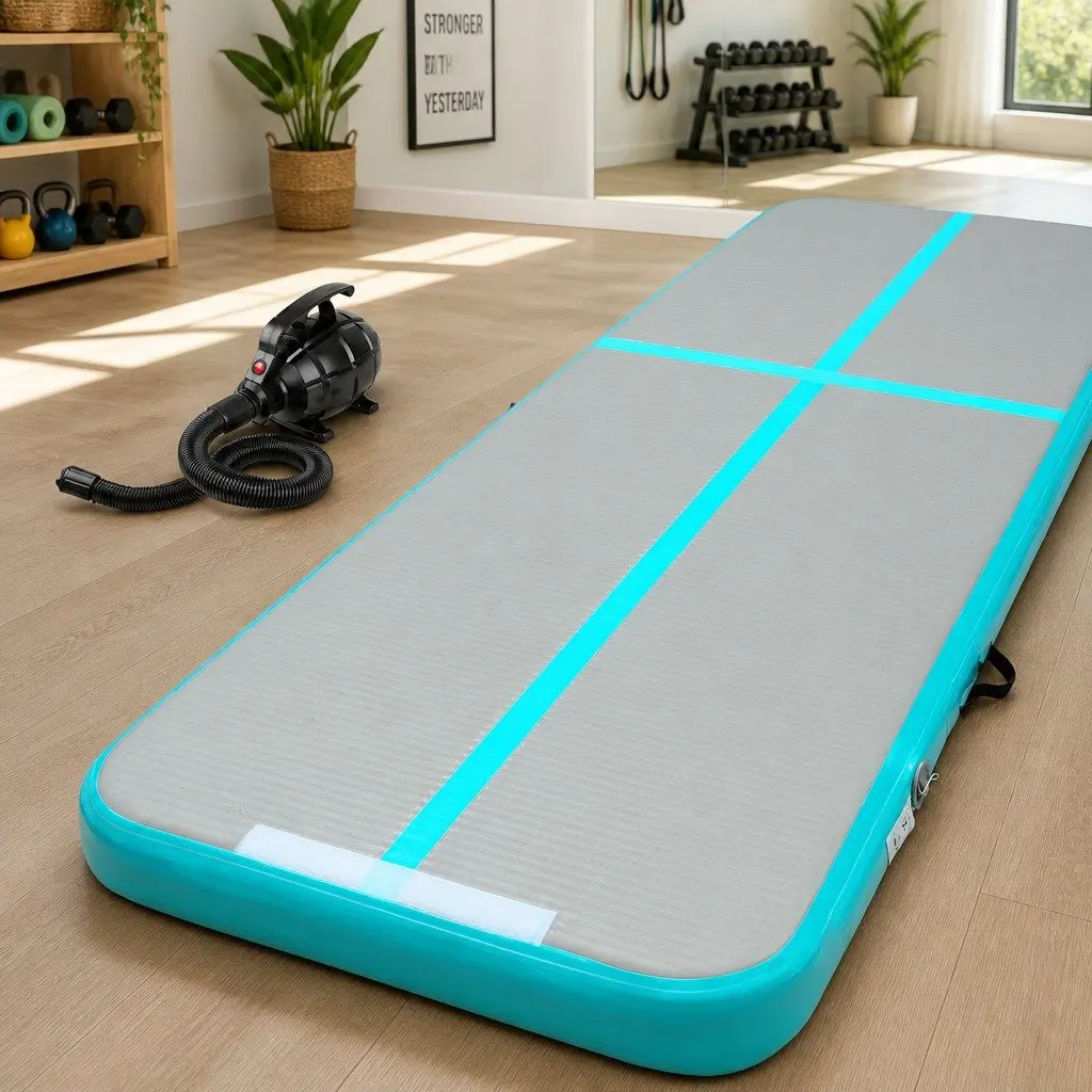 Inflatable Air Track Mat 3M Mint Grey for Gymnastics Tumbling Exercise with Electric Pump and Carry Bag