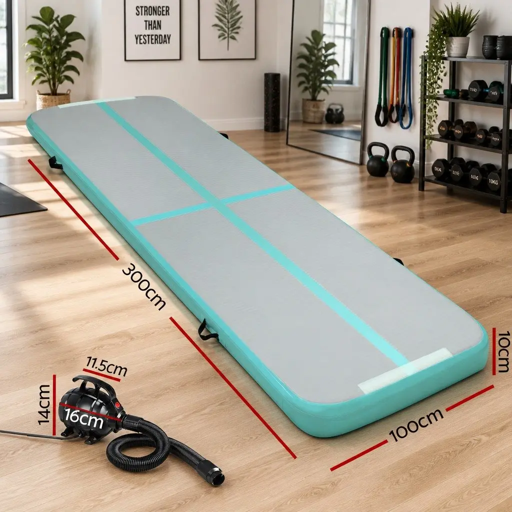 Inflatable Air Track Mat 3M Mint Grey for Gymnastics Tumbling Exercise with Electric Pump and Carry Bag