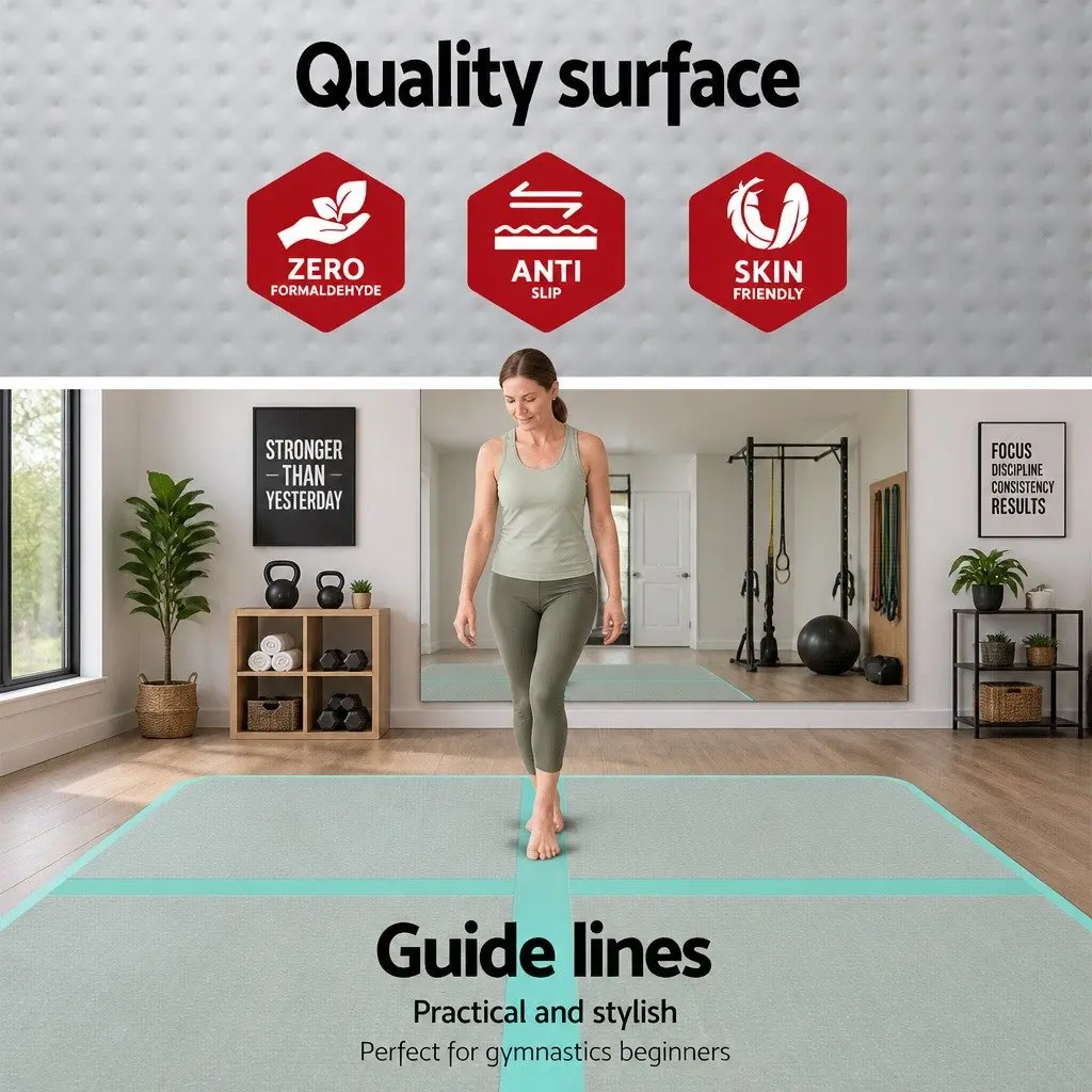 Inflatable Air Track Mat 3M Mint Grey for Gymnastics Tumbling Exercise with Electric Pump and Carry Bag