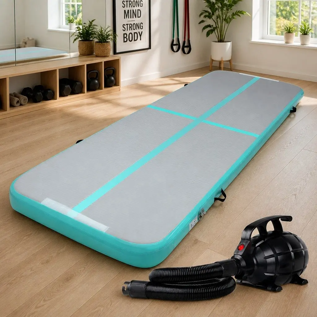 Inflatable Air Track Mat 3M Mint Grey for Gymnastics Tumbling Exercise with Electric Pump and Carry Bag