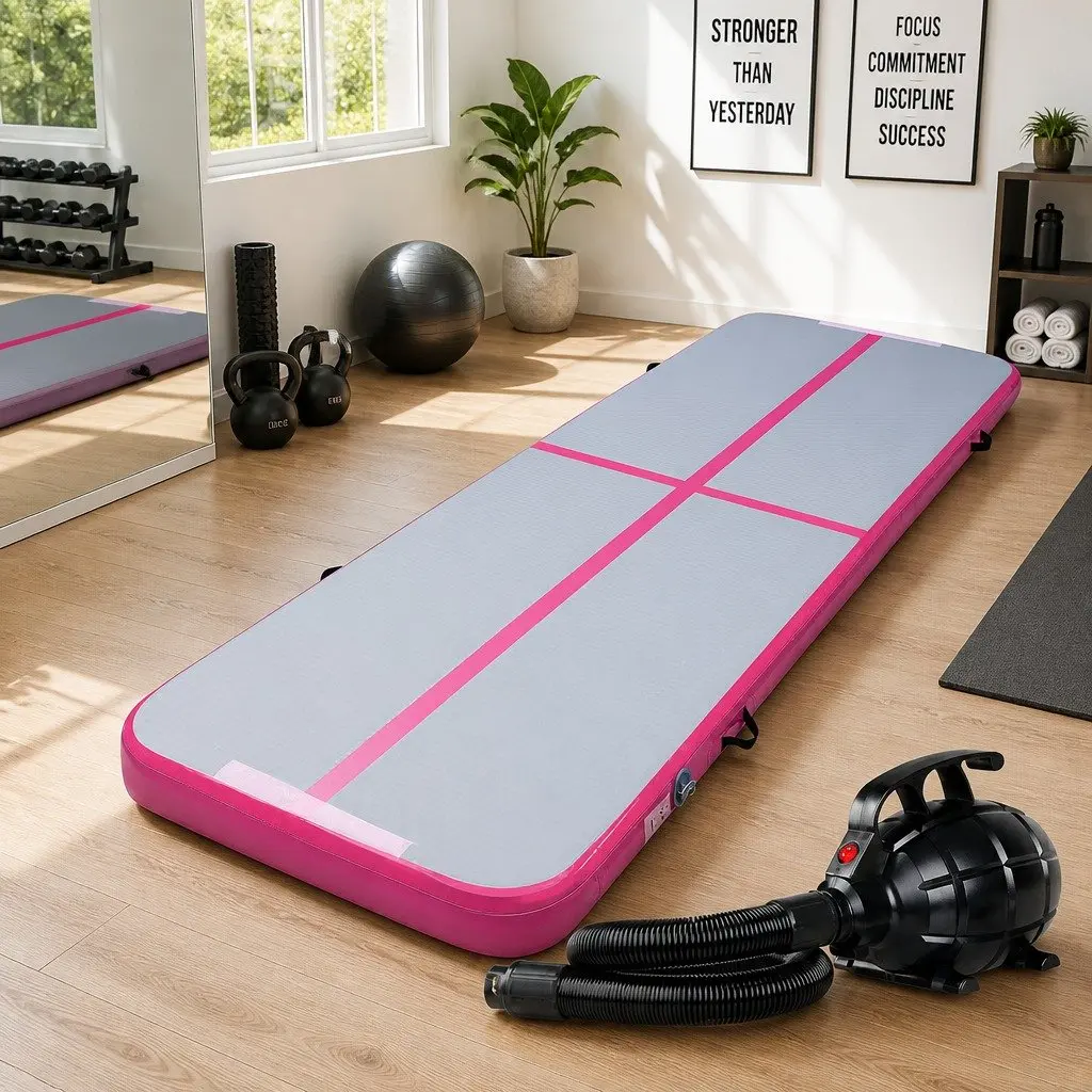 Inflatable Air Track Mat 3M Double-Wall Fabric Gymnastics Tumbling Training Pink Grey