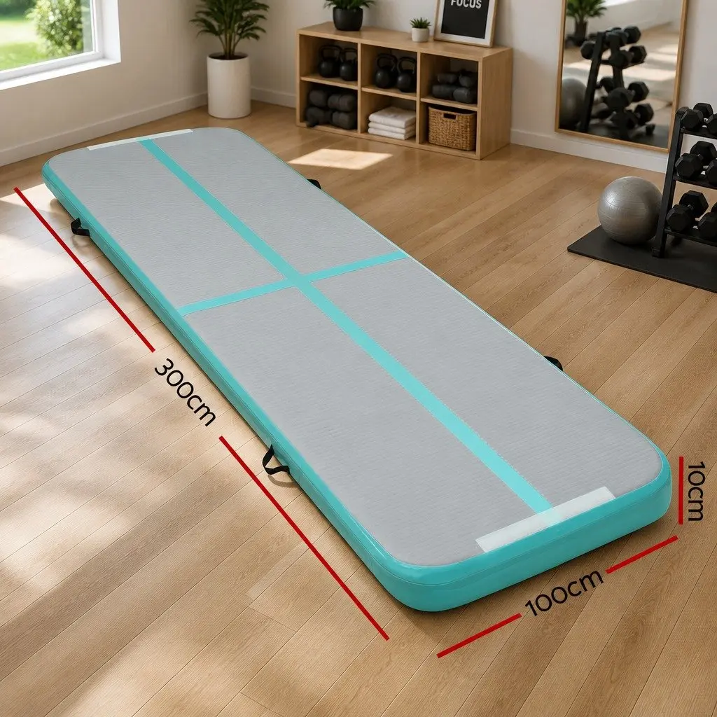 Inflatable Air Track Mat 3M x 1M Mint Grey Anti-Slip Fabric for Gymnastics Tumbling Fitness Training