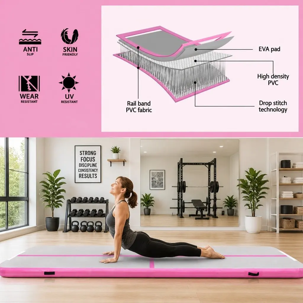 Air Track Inflatable Tumbling Mat 4M 1000-Denier Double-Wall Fabric Anti-Slip Pink or Black
