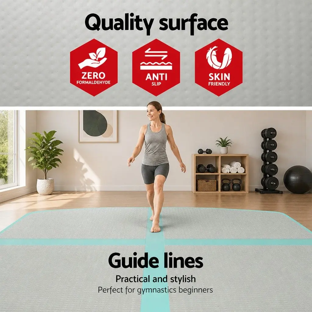 Inflatable Air Track Mat 4M Grey for Gymnastics Tumbling Yoga Home Fitness with Anti-Slip Surface and Drop Stitched Fabric Construction