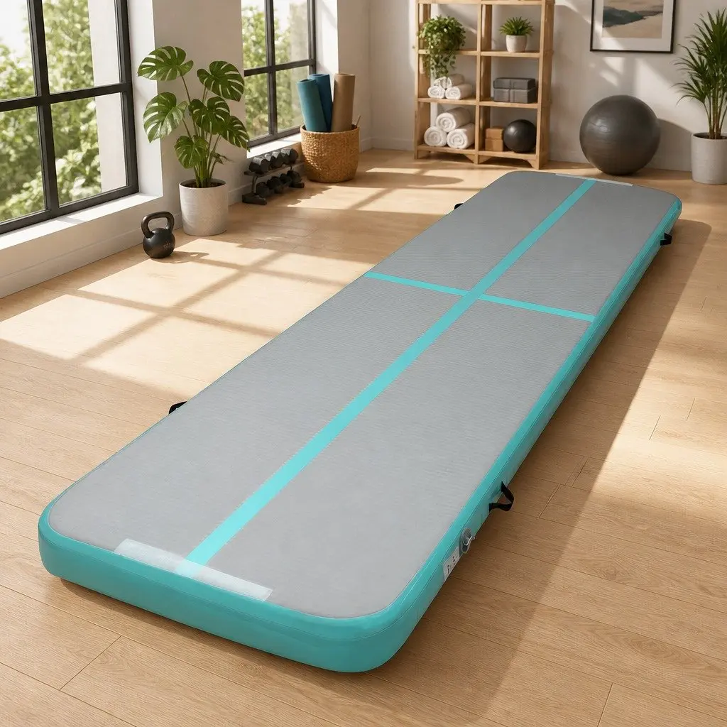 Inflatable Air Track Mat 4M Grey for Gymnastics Tumbling Yoga Home Fitness with Anti-Slip Surface and Drop Stitched Fabric Construction
