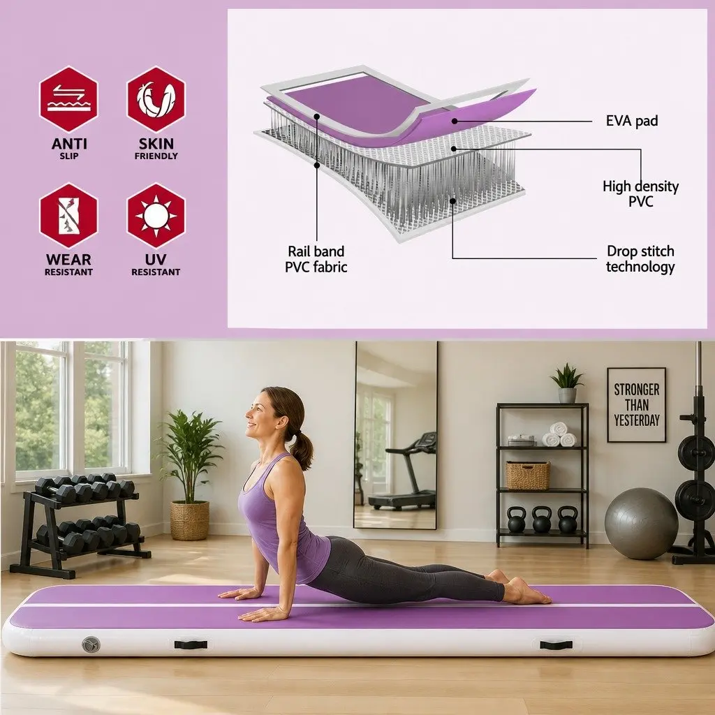 Air Track Gymnastics Mat Inflatable 4M Purple 1000-Denier Double-Wall Fabric Anti-Slip Wear-Resistant Surface