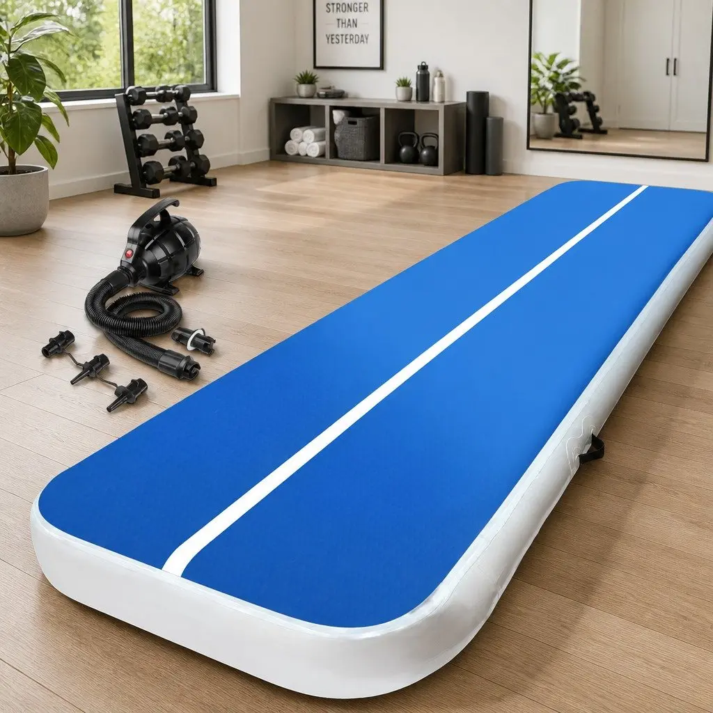 Inflatable Air Track Mat 4M x 1M Blue 20cm Thick Durable Gymnastics Surface with Electric Pump for Cheerleading and Martial Arts Training