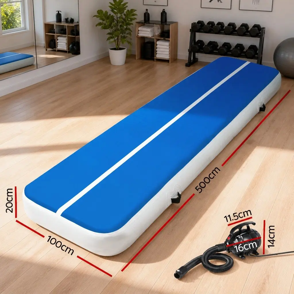 Inflatable Gymnastics Air Track Mat Blue 5M 20cm Thick Training Landing Platform with Electric Pump