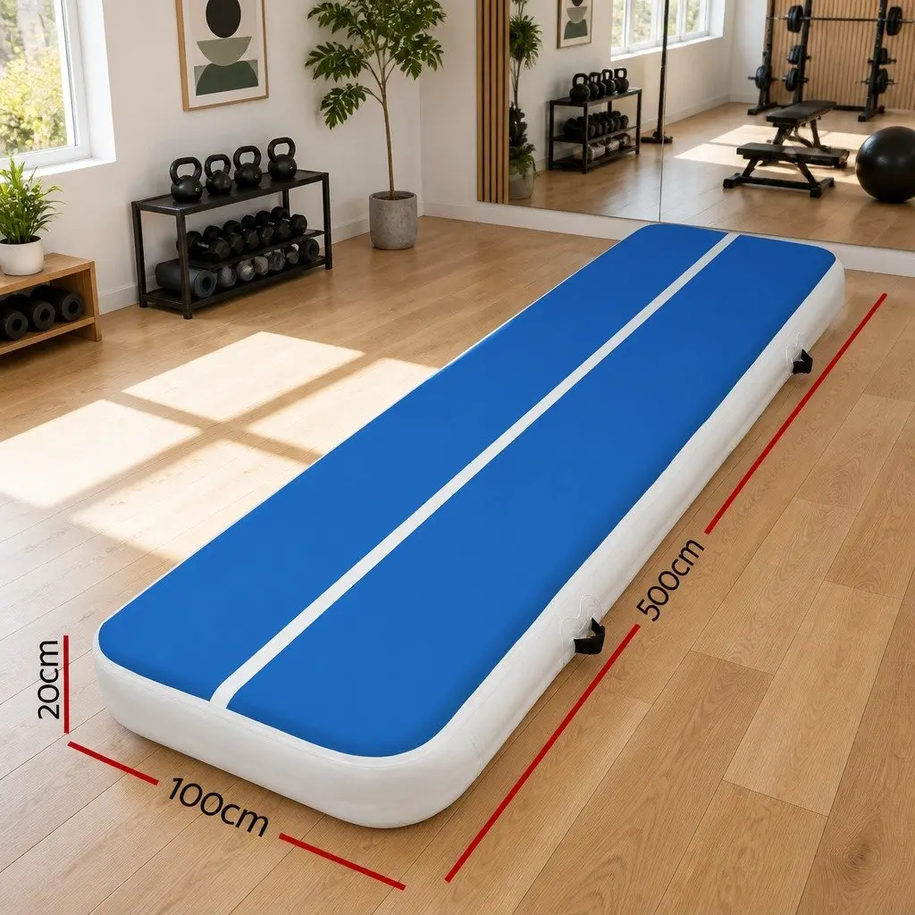 Inflatable Air Track Mat 5m x 1m 20cm Thick Gymnastic Tumbling Exercise Blue White