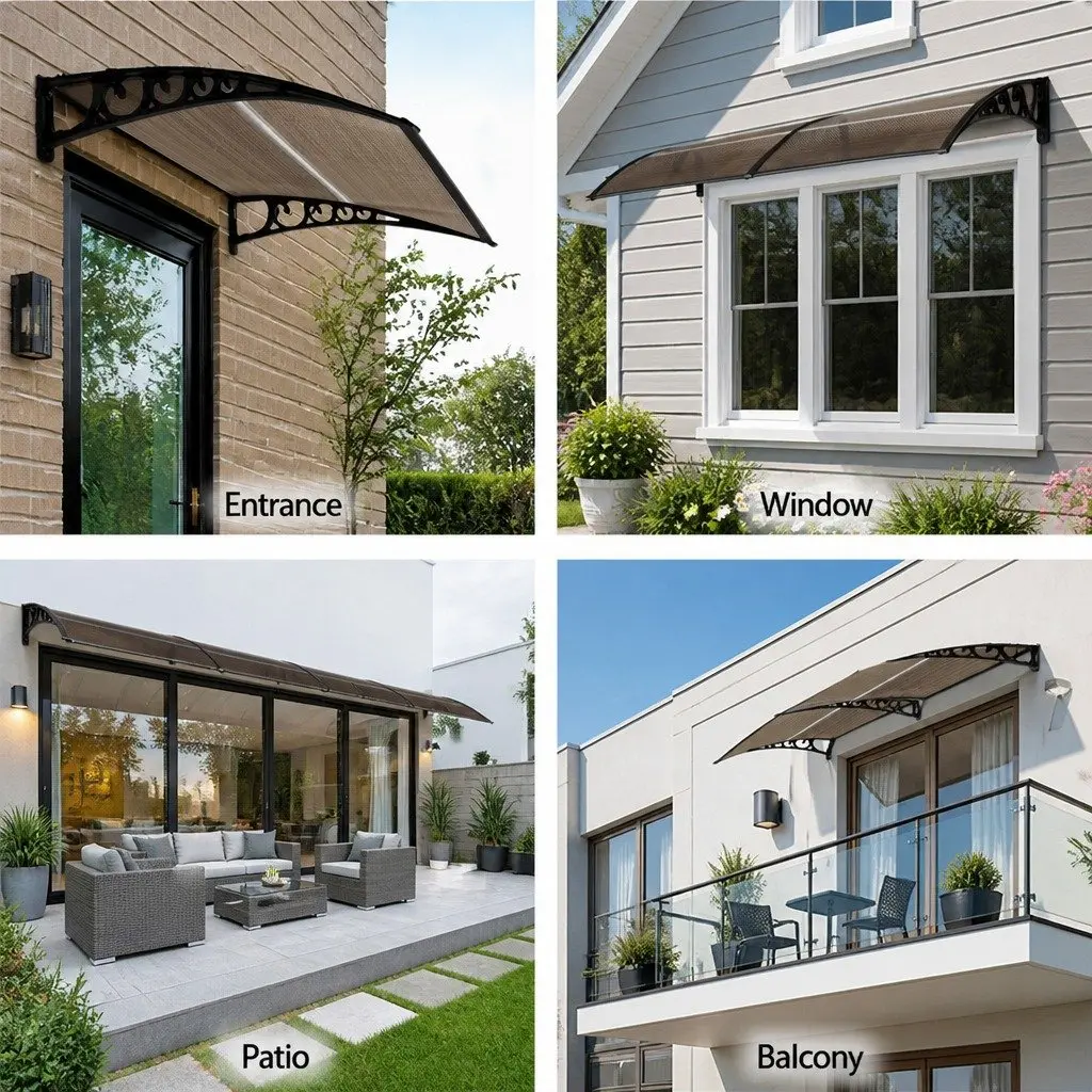 Awnings for Doors Windows Brown Black PC Panel 0.8m x 1m Hollow Canopy Shade Rain UV Resistant