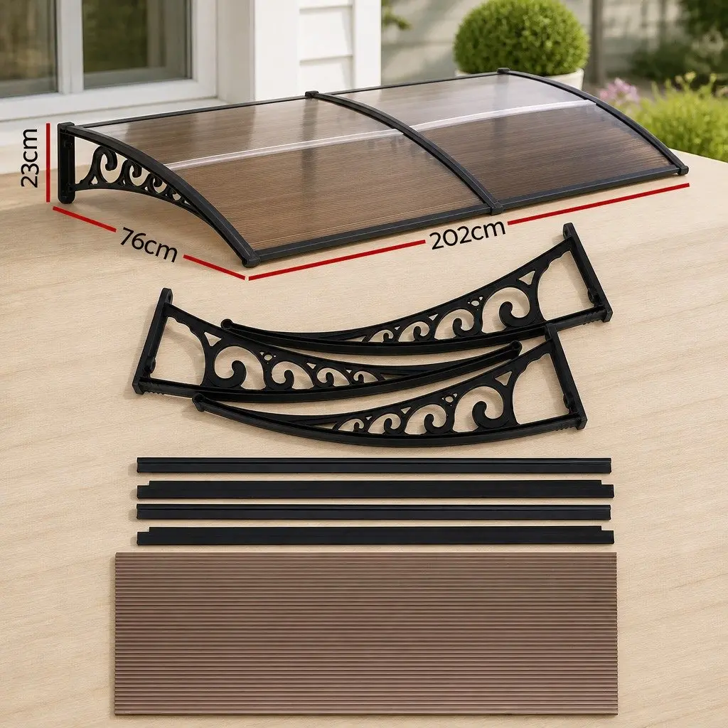Window Door Awning Polycarbonate Panel 0.8m x 2m Brown with Black Brackets