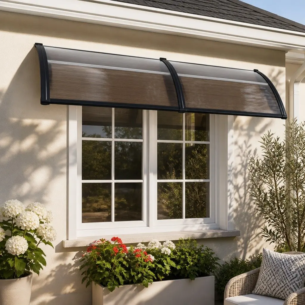 Window Door Awning Polycarbonate Panel 0.8m x 2m Brown with Black Brackets