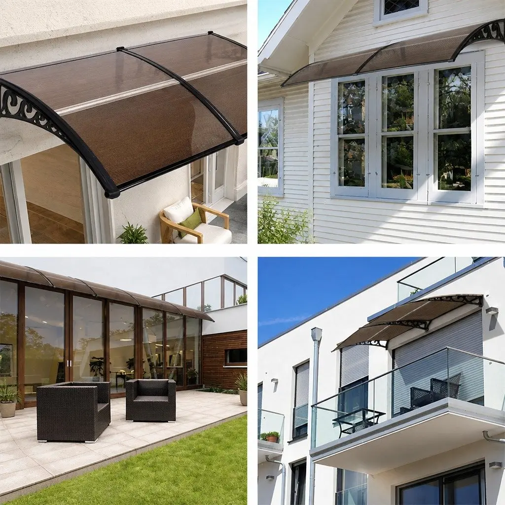 Window Door Awning Polycarbonate Panel 0.8m x 2m Brown with Black Brackets
