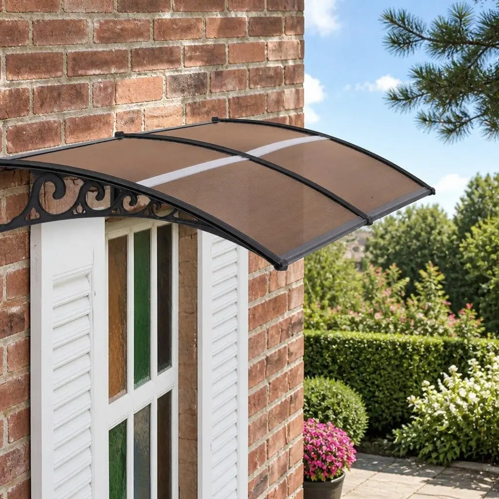 Window Door Awning Polycarbonate Panel 0.8m x 2m Brown with Black Brackets
