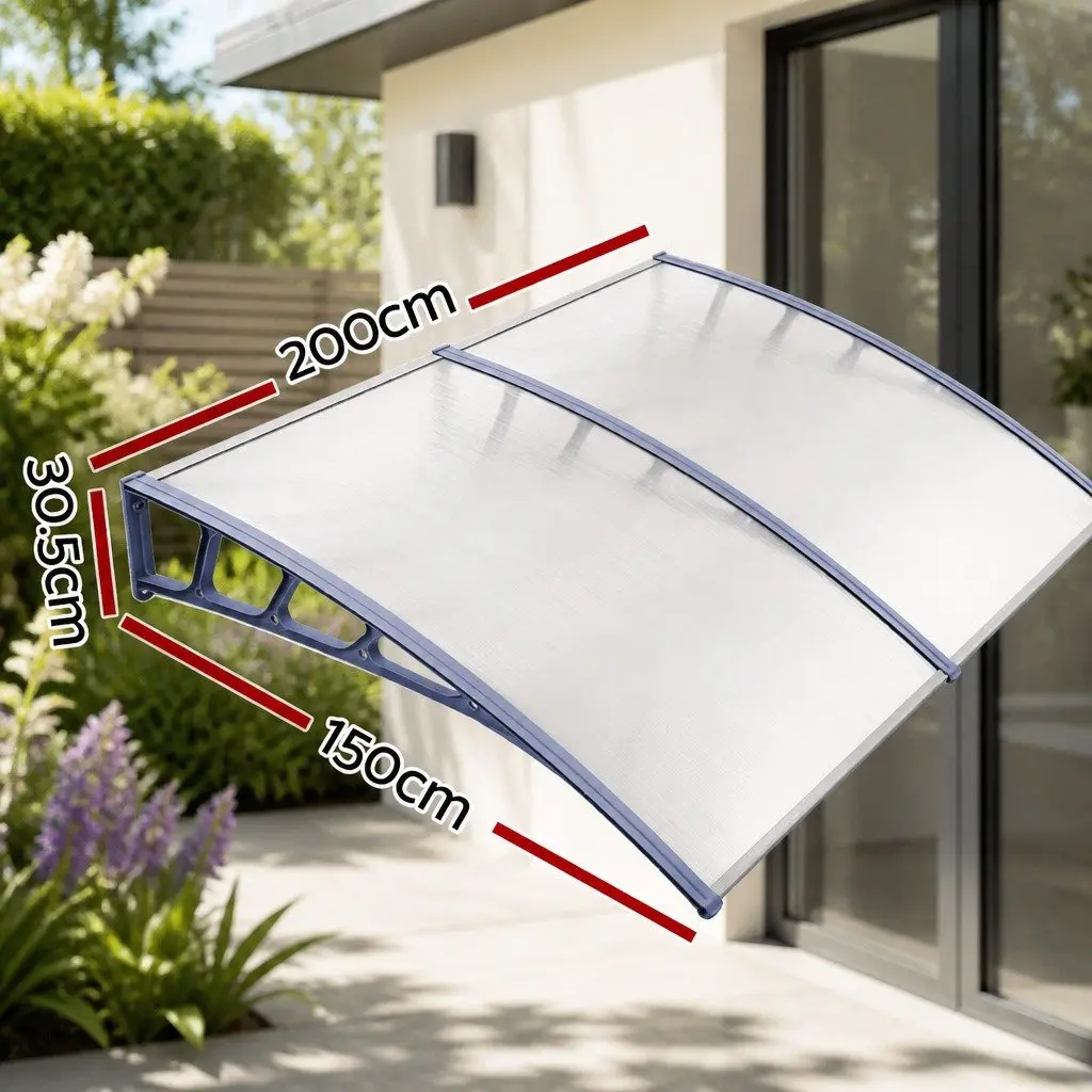 Awning Canopy Polycarbonate 1.5M x 2M Clear Panel Grey Frame