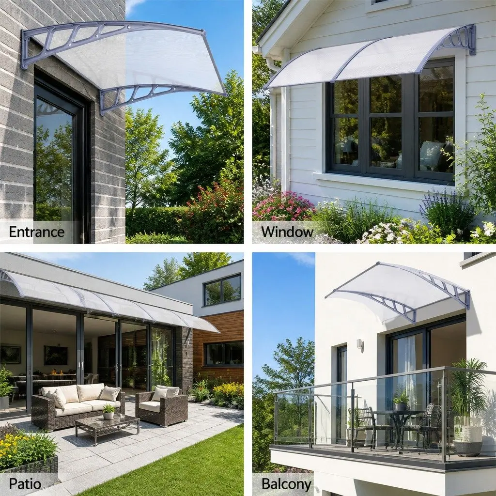 Awning Canopy Polycarbonate 1.5M x 2M Clear Panel Grey Frame