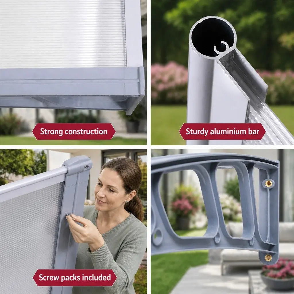 Awning Canopy Polycarbonate 1.5M x 2M Clear Panel Grey Frame