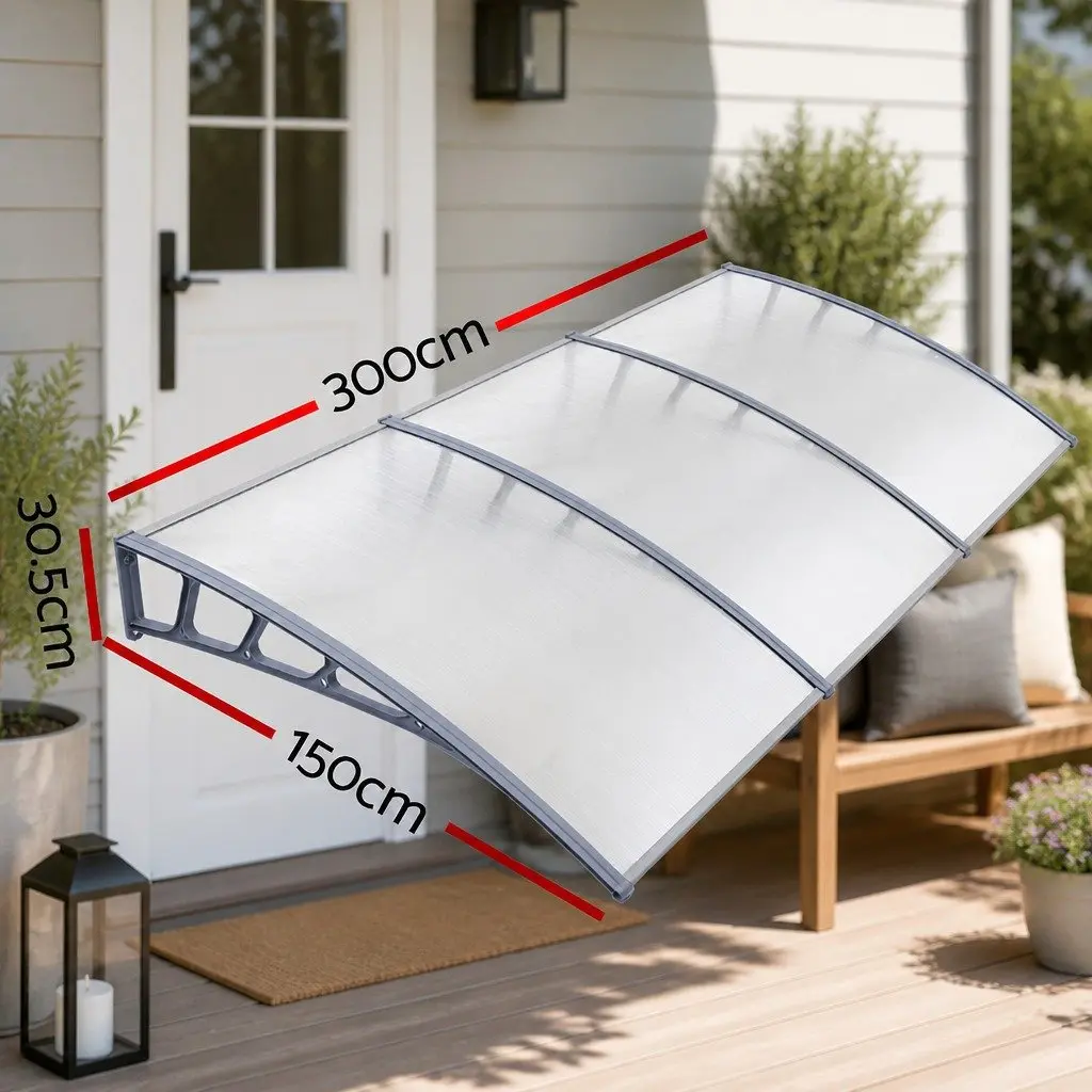 Window Door Awning Canopy Polycarbonate 1.5m x 3m Clear Panel Grey Brackets