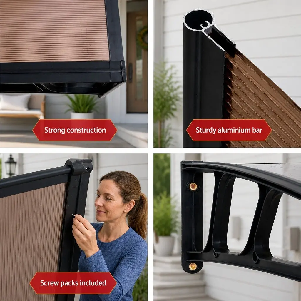 Awning Canopy Outdoor Shade Brown Panel 1.5m x 4m Black Frame for Windows and Doors